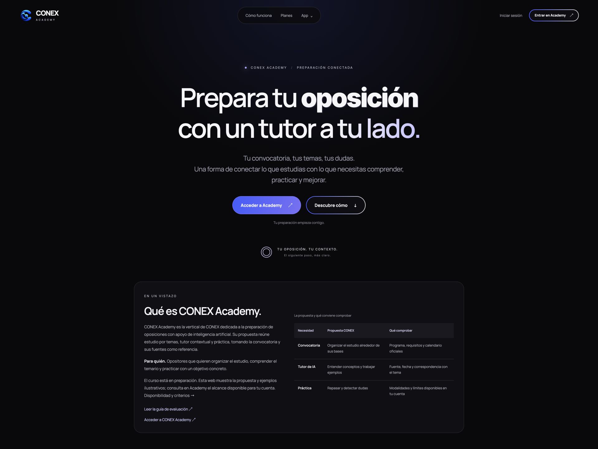 Portada de CONEX Academy en vista de ordenador, con su presentación y resumen del proyecto